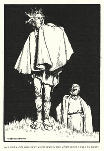 Jeden Fenaces, który bardzo boi się, że księżyc spadnie na ziemię (lito) autorstwa William Heath Robinson