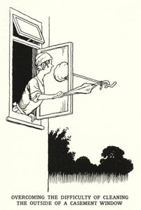 Pokonywanie trudności w czyszczeniu zewnętrznej części okna skrzydłowego (litografia) autorstwa William Heath Robinson
