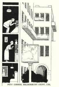 Kącik dla zwierząt, Boldersbury Court, SW (lito) autorstwa William Heath Robinson