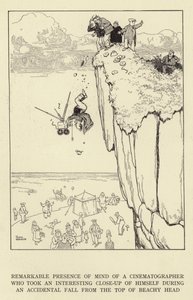 Niezwykła przytomność umysłu operatora filmowego, który zrobił sobie ciekawe zbliżenie podczas przypadkowego upadku ze szczytu Beachy Head autorstwa William Heath Robinson