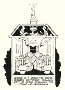 Sekcja przebudowanego domu, pokazująca dogodną aranżację przestrzeni dostępnej na salon i jadalnię (lito) autorstwa William Heath Robinson
