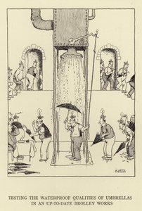 Testowanie wodoodporności parasoli w nowoczesnym Brolley Works autorstwa William Heath Robinson