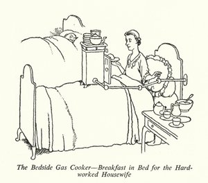 Przyłóżkowa kuchenka gazowa, śniadanie w łóżku dla ciężko zapracowanej gospodyni domowej (lito) autorstwa William Heath Robinson