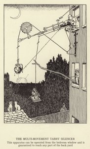 Multi-ruchowy tłumik tabby, to urządzenie może być obsługiwane z okna sypialni i gwarantuje dotarcie do dowolnej części podwórka autorstwa William Heath Robinson