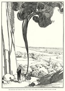 Czarodziej podpalił je, a gdy płonęły, dorzucił kadzidło (grawerunek) autorstwa William Heath Robinson