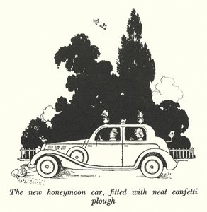 Nowy samochód dla nowożeńców, wyposażony w zgrabny pług do konfetti (litho) autorstwa William Heath Robinson