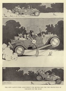 Nowa regulacja widelca zabezpieczającego do samochodów osobowych w celu ochrony kurczaków na drodze autorstwa William Heath Robinson