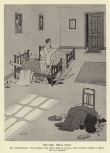 Na miłość boską, John, obudź się natychmiast; w pokoju pod nami ktoś woła o pomoc. autorstwa William Heath Robinson