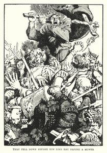 Upadli przed nim jak siano przed kosiarką (lito) autorstwa William Heath Robinson