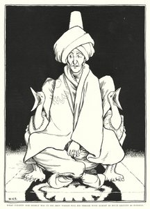 To, co bardzo go ucieszyło, to widok Abou Hassana wypełniającego swój tron z niemal taką samą powagą jak on sam (rycina) autorstwa William Heath Robinson