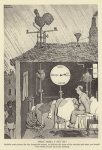 Co należy umieścić na Bedside contrivance dla zmiennego sezonu, aby wskazać stan pogody i co należy nosić, gdy wstajesz rano. autorstwa William Heath Robinson