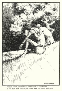 Podczas gdy wesoły towarzysze niosą go razem, figa na burzę, ustępuje dobrej pogodzie (litos) autorstwa William Heath Robinson