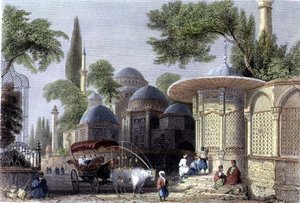 Fontanna i meczet Chahzade, rytowane przez Robertsa Sandsa (1792-1855) c.1850 (akwatinta)