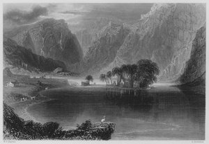 Gougane Barra (grawerowanie) autorstwa William Henry (after) Bartlett