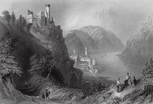 Oberwesel i zamek Schomberg (rycina) autorstwa William Henry (after) Bartlett
