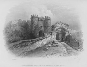 Zamek Carisbrooke, Wyspa Wight, Bramy i Twierdza (grawerowanie) autorstwa William Henry Bartlett