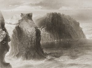Most linowy Carrick-a-Rede, hrabstwo Antrim, Irlandia Północna, z książki "Scenery and Antiquities of Ireland" George