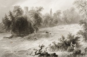 Castleconnell i Doonass Rapids, hrabstwo Limerick, Irlandia, z „Scenery and Antiquities of Ireland” George