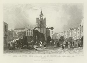 Główna ulica z kościołem św. Mikołaja, Colchester, Essex autorstwa William Henry Bartlett