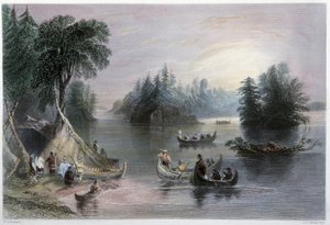 Indian Tipis i Canoes, Banks of the St Laurent - w "Canadian scenery illustrated" przez W.H. Bartlett, Londyn autorstwa William Henry Bartlett