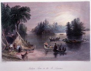 Obozowisko indiańskie nad brzegiem Saint Laurent - w „kanadyjskiej scenerii ilustrowanej” przez Bartletta W.H. autorstwa William Henry Bartlett