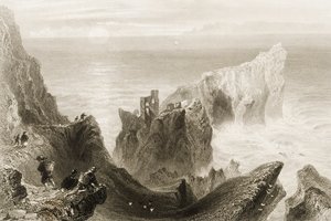 Zamek Kenbaan, niedaleko Ballycastle, hrabstwo Antrim, Irlandia Północna, z „Krajobrazy i starożytności Irlandii” George