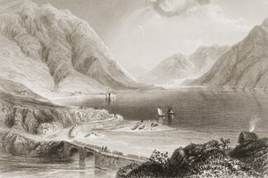 Leenane, Connemara, hrabstwo Galway, Irlandia, z "Scenery and Antiquities of Ireland" George Virtue, lata 60-te XIX wieku autorstwa William Henry Bartlett