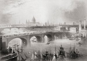 London, Southwark i Blackfriars mosty na Tamizie, Londyn, Anglia, z „Cyclopaedia of Useful Arts and Manufactures” Charlesa Tomlinsona autorstwa William Henry Bartlett