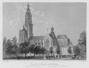 Place Verte, Antwerpia (grawerowanie) autorstwa William Henry Bartlett