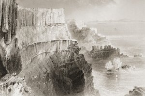 Plaiskin Cliff, w pobliżu Grobli Olbrzyma, hrabstwo Antrim, Irlandia Północna, z „Krajobrazy i starożytności Irlandii” George