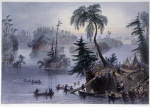 Scena wśród Tysiąca Wysp: Obóz i Łodzie, Mille îles - w „”kanadyjskiej scenerii ilustrowanej” przez Bartletta W.H. autorstwa William Henry Bartlett