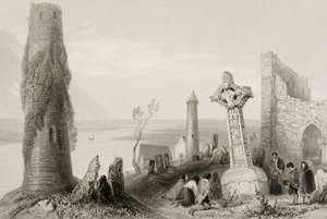 Starożytny krzyż i okrągła wieża w Clonmacnois, hrabstwo Offaly, Irlandia, z „Krajobrazy i starożytności Irlandii” (patrz 131074) autorstwa William Henry Bartlett