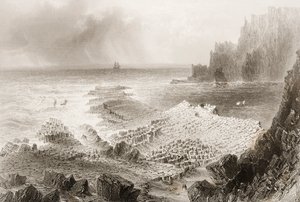 Grobla Olbrzyma z góry, hrabstwo Antrim, Irlandia Północna, z „Krajobrazy i starożytności Irlandii” George