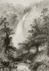 Wodospad, Powerscourt, hrabstwo Wicklow, Irlandia, z „Krajobrazy i starożytności Irlandii” George