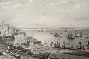 Widok na port Cobh, patrząc w kierunku Rostellan, hrabstwo Cork, Irlandia w latach 30. XIX wieku, z „Krajobrazu i starożytności Irlandii” George
