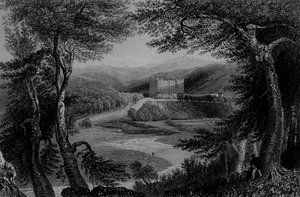 Widok na zamek Drumlanrig, Dumfriesshire autorstwa William Henry Bartlett