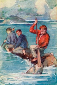 Jack natychmiast wbił wiosło w ohydne szczęki potwora i wepchnął je w gardło… autorstwa William Henry Charles Groome