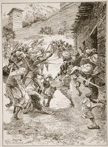 Porucznik Harley, na czele czterdziestu Sikhów i sześćdziesięciu Kaszmirczyków, wtargnął do domu nad ujście kopalni, ilustracja z „Bitwy XIX wieku” Archibalda Forbesa, G.A. Henta i autorstwa William Henry Charles Groome