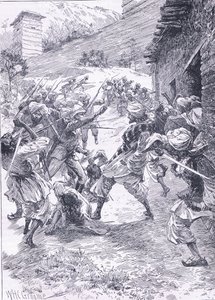 Porucznik Harley prowadzący grupę z Fort Chitral, ilustracja z Historii Anglii Cassells, 1900 autorstwa William Henry Charles Groome