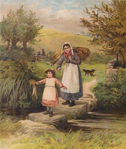 Kobieta i dziewczynka przechodzące przez strumień po kamieniach (chromolitho)