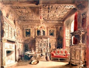 Wnętrze Tudorów (brązowy tusz i akwarela na papierze)