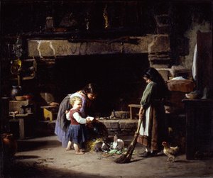 Wnętrze farmy: Bretońskie dzieci karmiące króliki, 1878.