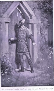 Sir Launcelot nie mógł znaleźć drogi do środka, bo choć drzwi były stare i zużyte, trzymały się mocno autorstwa William Henry Margetson