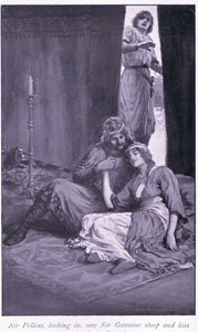 Sir Pelleas zajrzał do środka i zobaczył, jak sir Gawaine pochyla się i całuje panią Ettard autorstwa William Henry Margetson