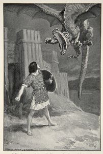 Smok opadł na niego, otwierając straszliwe szczęki, z „Hero Myths and Legends of the British Race” autorstwa M.I. Przypływ, 1910 autorstwa William Henry Margetson