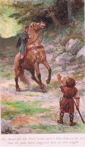 Krasnolud uderzył konia Sir Tora takim ciosem między oczy, że biedny koń zatoczył się do tyłu autorstwa William Henry Margetson