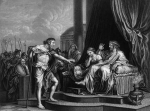 Herod skarcony przez niego... zamknął Jana w więzieniu, połowa XIX wieku. autorstwa William Henry Mote