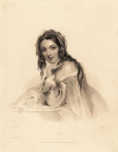 Portret Amy. Piękna w welonie na długich włosach, w gronostajowej sukience z odkrytymi ramionami, trzymająca naszyjnik z pereł. Grawerowanie stalowej kropki autorstwa Williama Henry