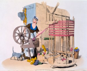 Kobieta nawijająca wełnę na wirującą maszynę do robienia motków, 1808 (akwatinta ręcznie kolorowana)