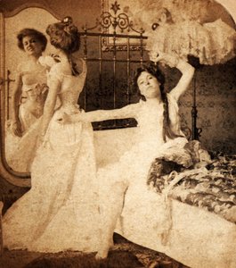 „The Late Riser”, humorystyczna karta stereoskopowa, ok. 1900 (zdjęcie w sepii) (zob. także 473257)